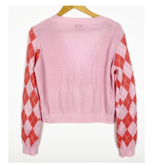 Cabana by Crown & Ivy Pink Coral Argyle Cardigan Sweater Size Large - Picture 2 of 5